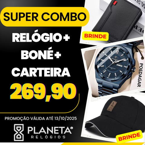 KIT PROMO RELÓGIO + CARTEIRA + BONÉ (BRINDE)