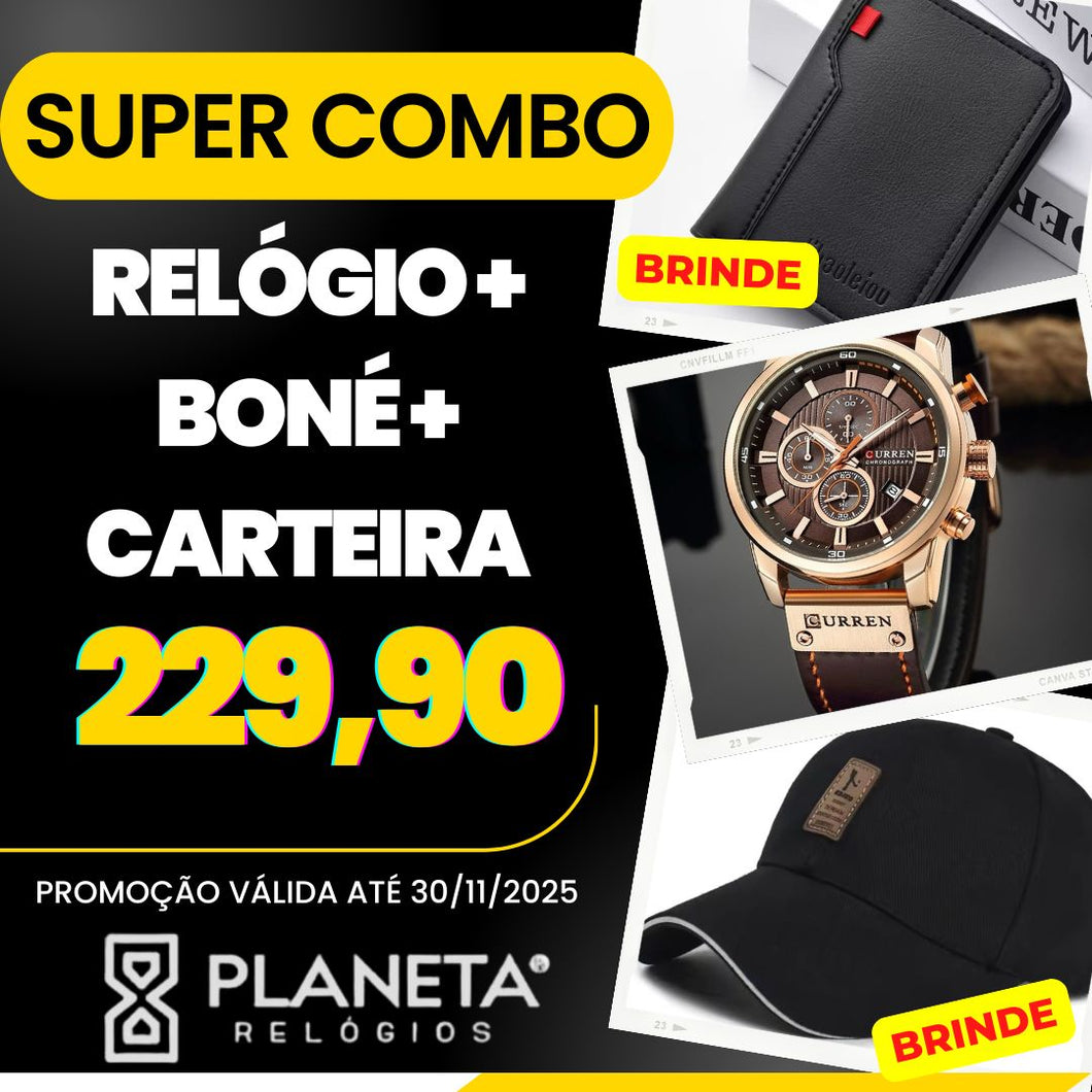 KIT PROMO RELÓGIO + CARTEIRA + BONÉ (BRINDE)